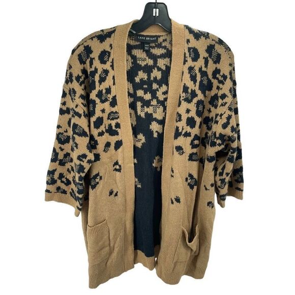 Lane Bryant longline Cardigan Sweater Open Front Leopard print Tan Black 14 16 - Picture 1 of 10